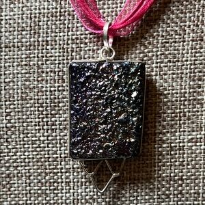 Artisan druzy style pendant on pink ribbon necklace